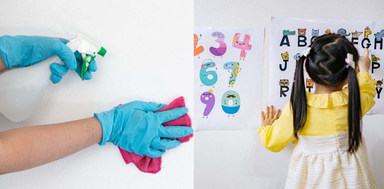 a kid learning through stickers on wall
